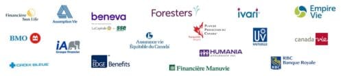 Bannière avec les principaux assureurs représentés par un courtier en assurance vie. Il y a les logos de ; Sun Life, Ia Groupe Financier, Empire Vie, Beneva, Manuvie BMO, Croix Bleue, Uv Mutuelle, Humania, Canada Vie, CPP, Ivari, Assomtion Vie, Assurance Équitable, RBC et Edge Benefit